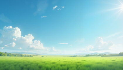 Obraz premium expansive green meadow under a bright blue sky with fluffy clouds in a serene landscape ideal for nature backgrounds and outdoor themes