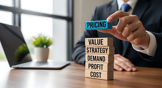 Corporate businessman stacks blue pricing block on business strategy foundations symbolizing financial value and market demand analysis