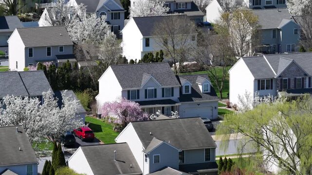 Aerial view of a peaceful American suburban neighborhood in Pennsylvania with detached homes, green lawns and blooming trees in spring, showing typical residential architecture in warm daylight. Zoom.