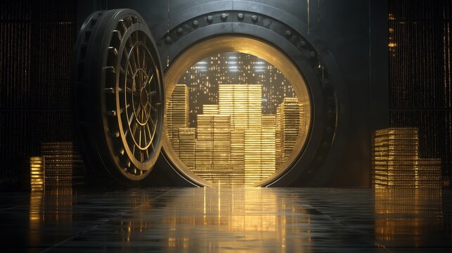 A large bank vault door is open, revealing stacks of gold bars glowing inside a secure underground vault.