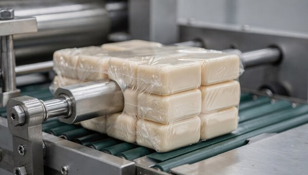 Closeup medium shot of automated machinery precisely wrapping multiple bars of soap in clear film preparing multipacks for retail distribution.