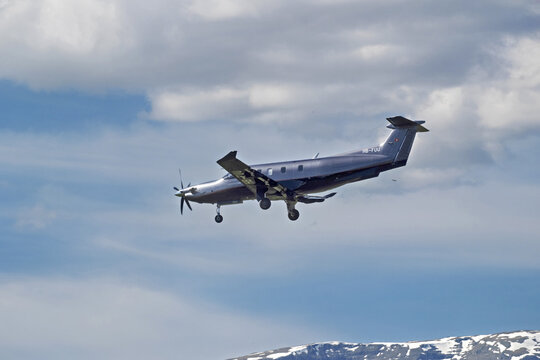 Geneva, Switzerland - April 06, 2026: sign and logo on a Pilatus PC-12 NGX of Haute Aviation landing at Geneva airport