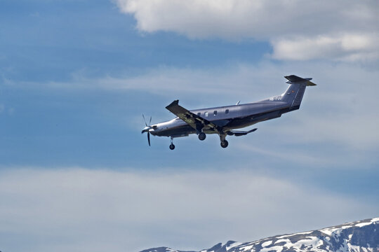 Geneva, Switzerland - April 06, 2026: sign and logo on a Pilatus PC-12 NGX of Haute Aviation landing at Geneva airport