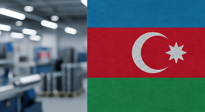 Azerbaijan flag texture overlay on a blurred industrial background, representing national industry and global trade