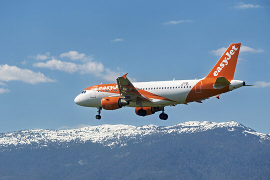 Geneva, Switzerland - april 07, 2026 :  sign and logo on a Airbus A320-214 of Easyjet landing at Geneva airport