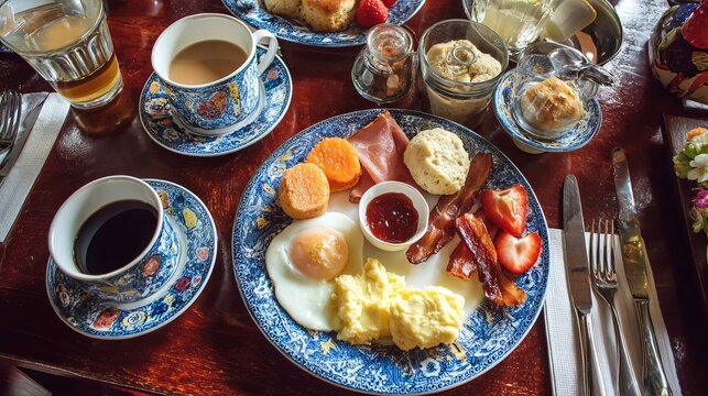 Traditional Irish breakfast with coffee and scones, enjoyed at a Cong, County Mayo, Ireland bed and breakfast.