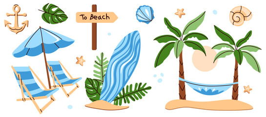 Obraz premium Summer beach set of elements with palm trees, umbrella, chairs, surfboard, seashells. Illustration of vacation accessories isolated on white background.