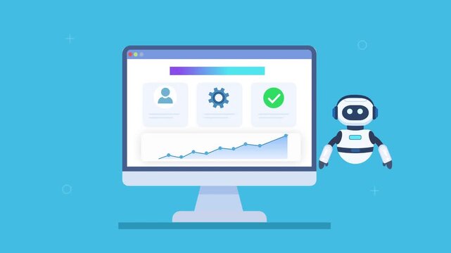 Friendly robot assistant interacting with automated dashboard featuring user profile, account management, analytics charts, and progress indicators in smooth animation, representing identity system an