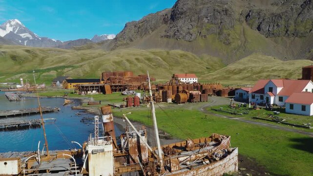 Drone video of Grytviken. A whaling station and the largest settlement on the sub-Antarctic island of South Georgia in the South Atlantic.