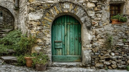 Fototapeta premium Old green wooden door in a stone arch shows history and country style. It has a classic European look.