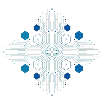 Circuit board with blue hexagons design.
