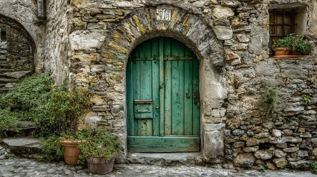 Old green wooden door in a stone arch shows history and country style. It has a classic European look.