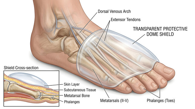 Dorsal view of the human foot under a transparent protective dome shield illustrating extensor tendons, dorsal venous arch, metatarsal bones, phalanges and cross‑section inset showing skin, subcutaneo