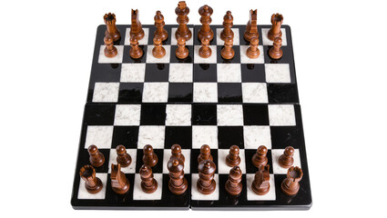 Wooden chess pieces arranged on a marble chessboard, isolated on transparent background © Veaceslav