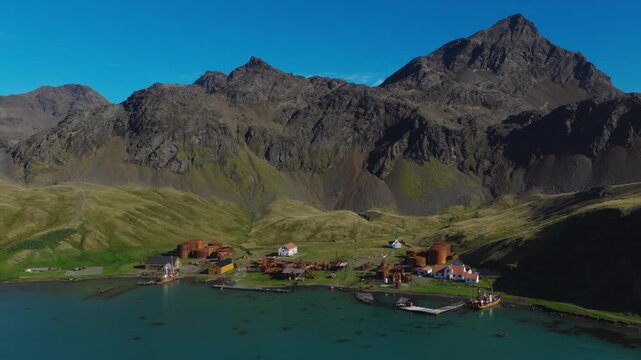Drone video of Grytviken. A whaling station and the largest settlement on the sub-Antarctic island of South Georgia in the South Atlantic.