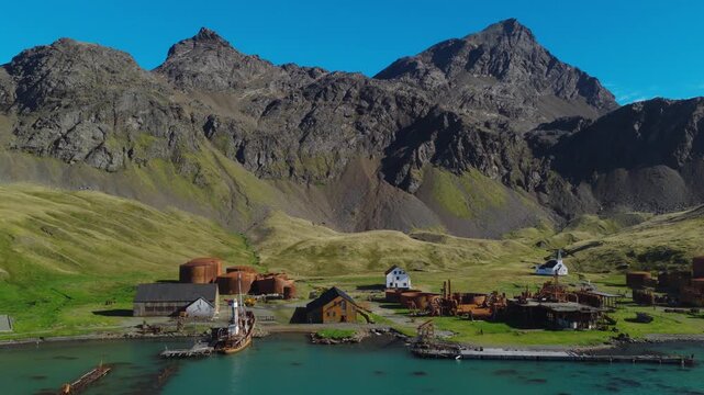 Drone video of Grytviken. A whaling station and the largest settlement on the sub-Antarctic island of South Georgia in the South Atlantic.