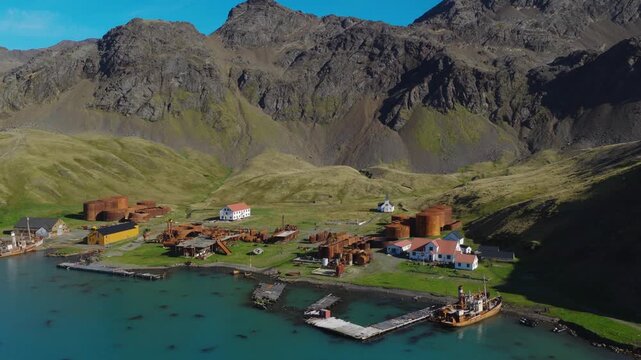 Drone video of Grytviken. A whaling station and the largest settlement on the sub-Antarctic island of South Georgia in the South Atlantic.