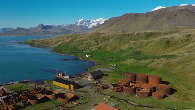Drone video of Grytviken. A whaling station and the largest settlement on the sub-Antarctic island of South Georgia in the South Atlantic.