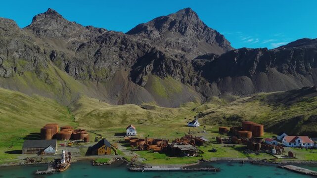 Drone video of Grytviken. A whaling station and the largest settlement on the sub-Antarctic island of South Georgia in the South Atlantic.
