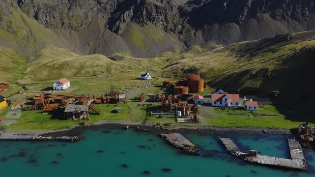 Drone video of Grytviken. A whaling station and the largest settlement on the sub-Antarctic island of South Georgia in the South Atlantic.