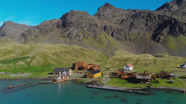 Drone video of Grytviken. A whaling station and the largest settlement on the sub-Antarctic island of South Georgia in the South Atlantic.