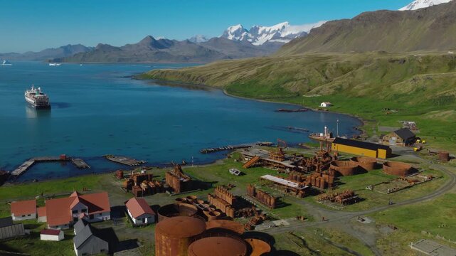 Drone video of Grytviken. A whaling station and the largest settlement on the sub-Antarctic island of South Georgia in the South Atlantic.