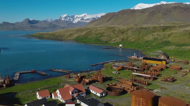 Drone video of Grytviken. A whaling station and the largest settlement on the sub-Antarctic island of South Georgia in the South Atlantic.