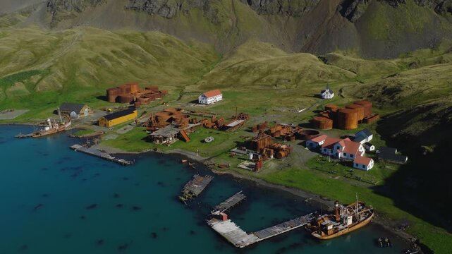 Drone video of Grytviken. A whaling station and the largest settlement on the sub-Antarctic island of South Georgia in the South Atlantic.