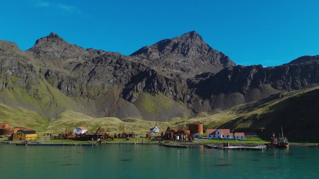 Drone video of Grytviken. A whaling station and the largest settlement on the sub-Antarctic island of South Georgia in the South Atlantic.