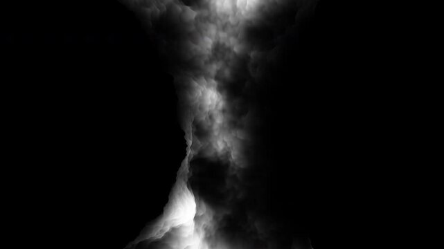 High contrast white smoke and mist billowing and swirling in darkness, creating a dramatic abstract background for overlays, titles, transitions, and VFX compositing