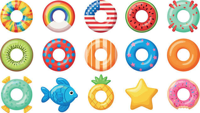Inflatable pool float collection with colorful rings fruit shapes and fun designs isolated on white background for summer beach vacation and water play