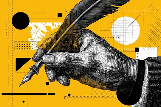 A vintage-style illustration of a hand holding a feather quill pen, set against a modern yellow geometric background with circles and lines.