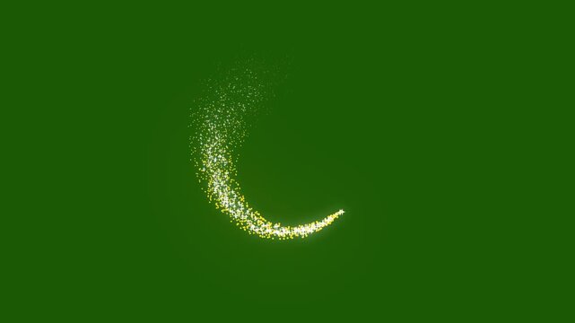 Golden fantasy glitter trail animation with twinkling stars, glowing fairy dust particles, smooth sparkle motion path and seamless light transition on chroma key green screen.