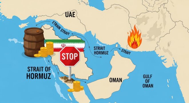 Strait of Hormuz geopolitical map, oil trade route blockade with stop sign and fire icon, Middle East energy crisis and shipping logistics concept