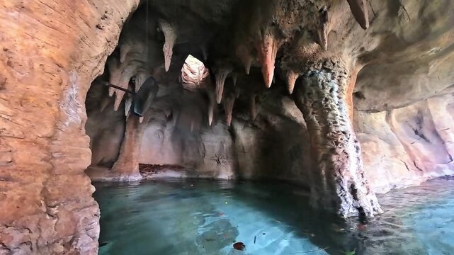 Swimming through a cave with bright blue water at a resort in Orlando Florida.