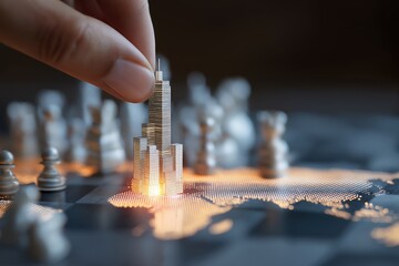 Naklejka premium A hand places a skyscraper chess piece on a glowing world map with chess pieces, symbolizing global strategy and urban development.