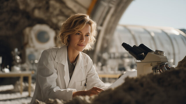 Single professional female astrobiologist at lunar base geology lab examines regolith sample under microscope, habitat module curved walls visible, lunar science outpost, cislunar research station, 