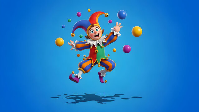 A cheerful 3d jester character jumping joyfully while juggling colorful balls in the bright air