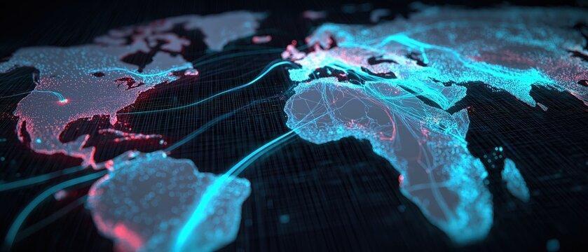A digital world map with glowing blue and pink nodes and connecting lines representing global networks and data flow.
