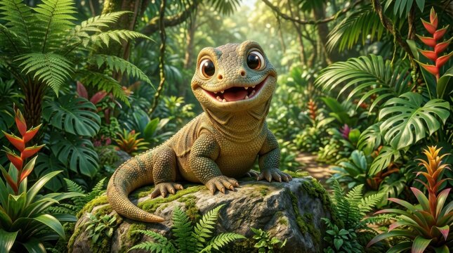 Playful Komodo Dragon in Lush Jungle Surroundings on Rock