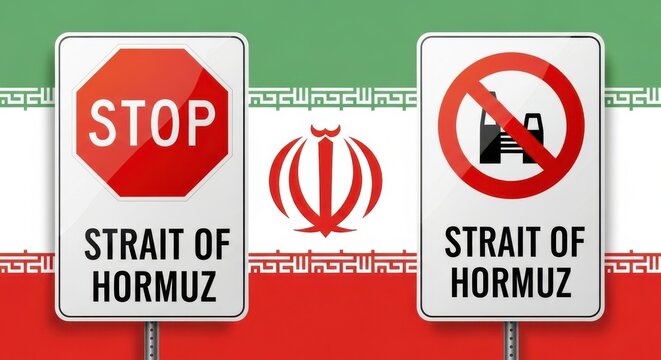 Strait of Hormuz shipping blockade signs, Iranian flag background with stop and no entry symbols, global oil trade crisis concept