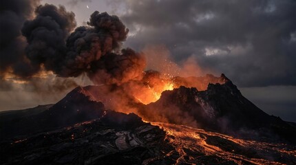 Fototapeta premium Violent lava fountain beneath towering soot-black clouds, pictures of volcanoes erupting over fractured basalt with blazing channels, ember spray, and turbulent dusk atmosphere unfolding