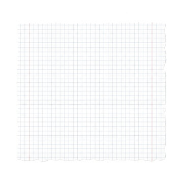Squared notebook paper with torn edges, blank grid paper sheet for school and office, white graph paper background with blue lines and red margin