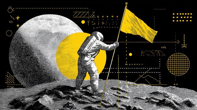 An astronaut plants a flag on a textured moon surface with geometric shapes and celestial bodies in the background, rendered in black, white, and yellow tones.