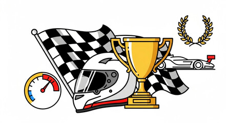 Racing Victory Trophy Helmet and Checkered Flag. © Basil