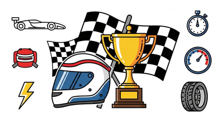 Racing elements including trophy checkered flag helmet and car. © Basil