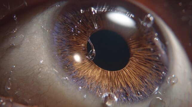 Close up of a human eye with water droplets highlighting texture and detail