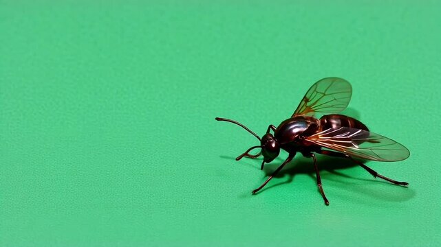Close-up Macro of a Dark Insect with Transparent Wings on Green Background