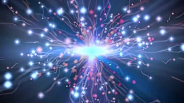 Abstract glowing blue and purple particles with energy lines expanding from central light in a loop