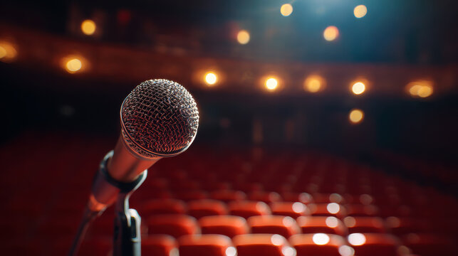 A microphone stands on a stage in a theater. The seats are empty and lights shine from above, showing readiness for a performance. The atmosphere suggests anticipation for an event.